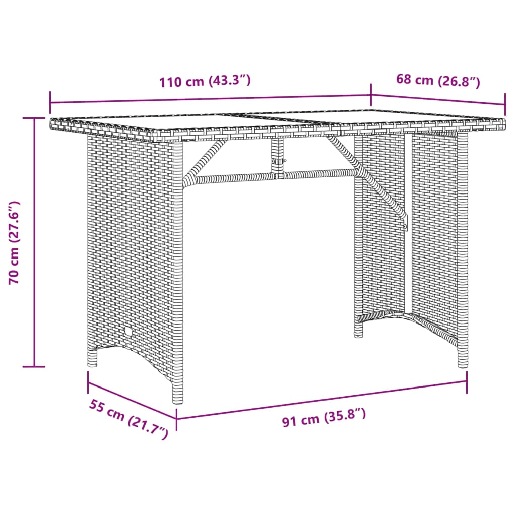 havebord med træplade 110x68x70 cm polyrattan beige