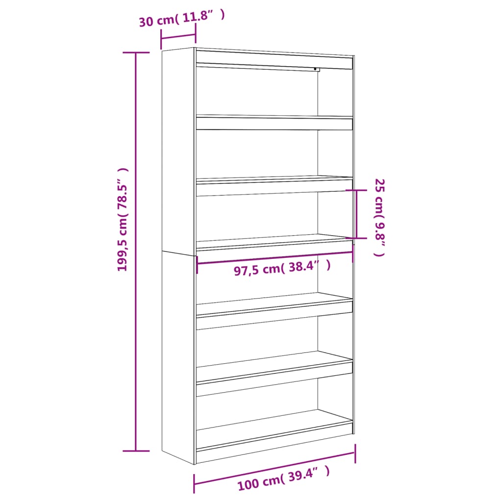 bogreol/rumdeler 100x30x199,5 cm massivt fyrretræ