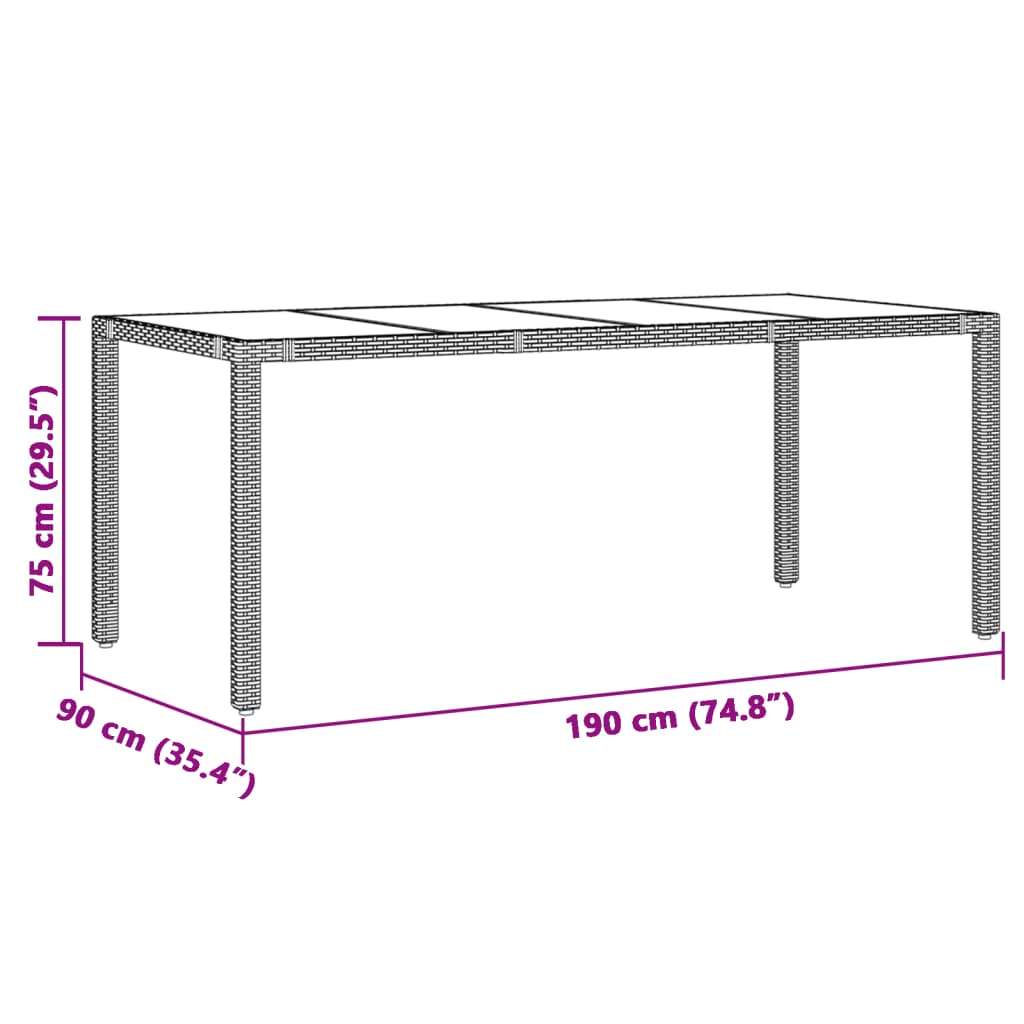 havebord med glastop 190x90x75 cm polyrattan grå