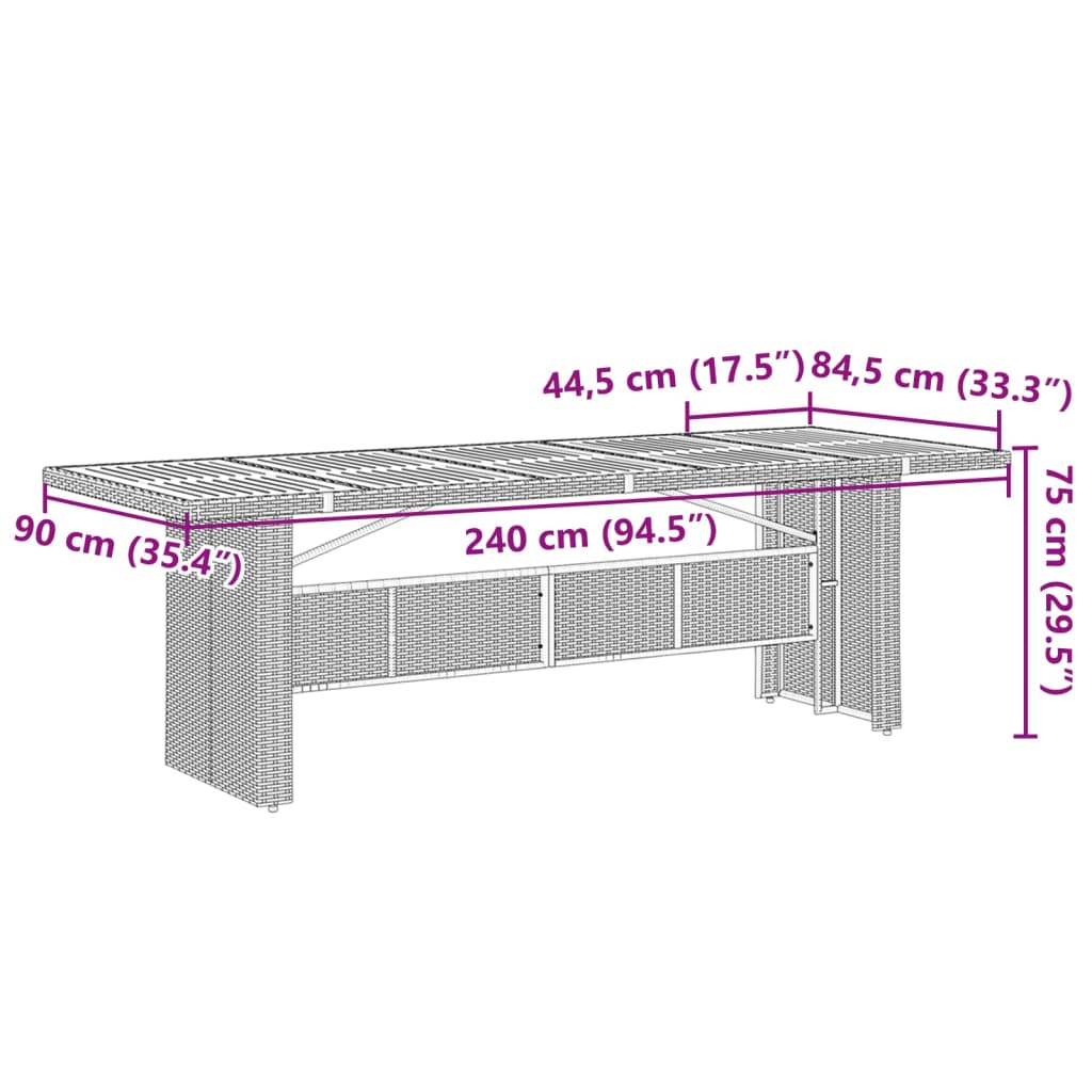 havebord med akacietop 240x90x75 cm polyrattan grå