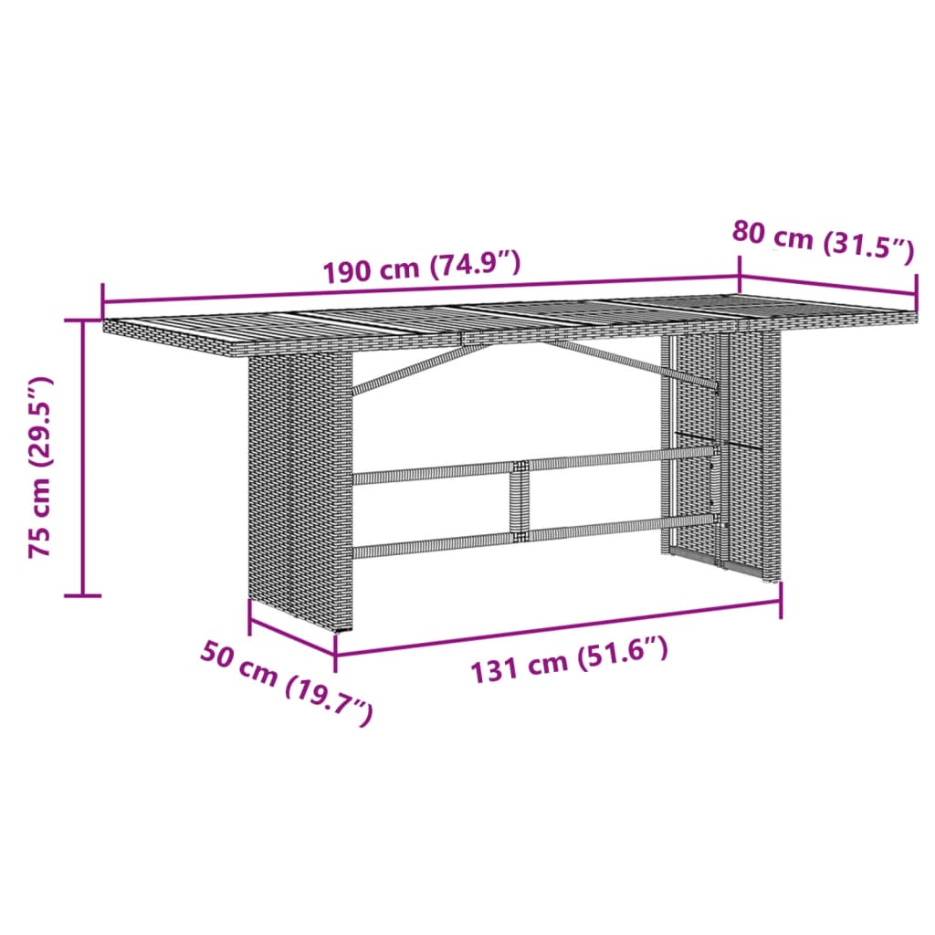 havebord med akacietop 190x80x75 cm polyrattan sort