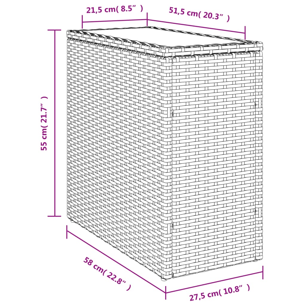 havebord med glastop 58x27,5x55 cm polyrattan sort