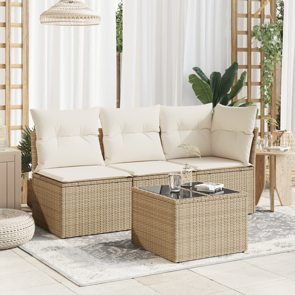 havebord med glastop 55x55x37 cm polyrattan beige