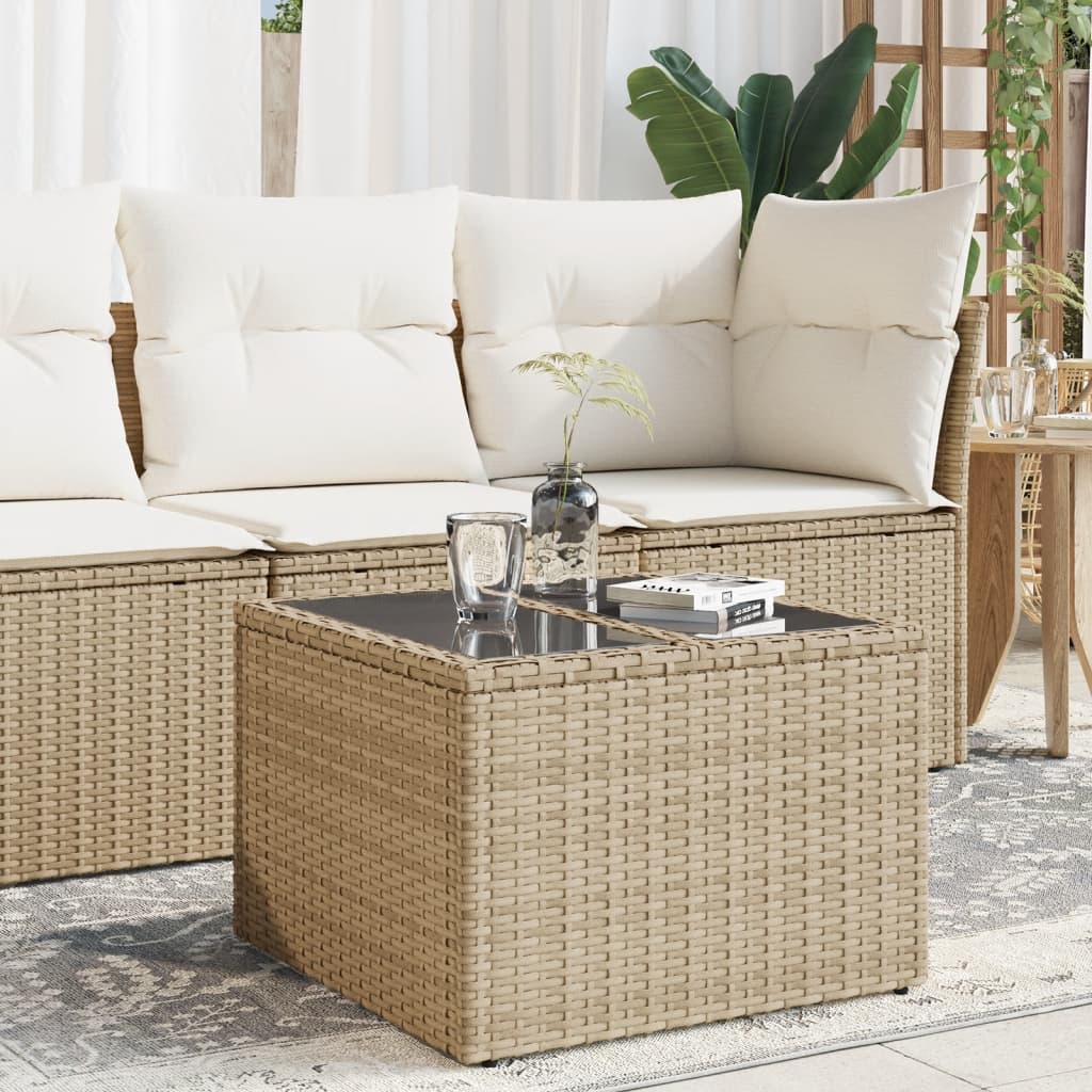 havebord med glastop 55x55x37 cm polyrattan beige