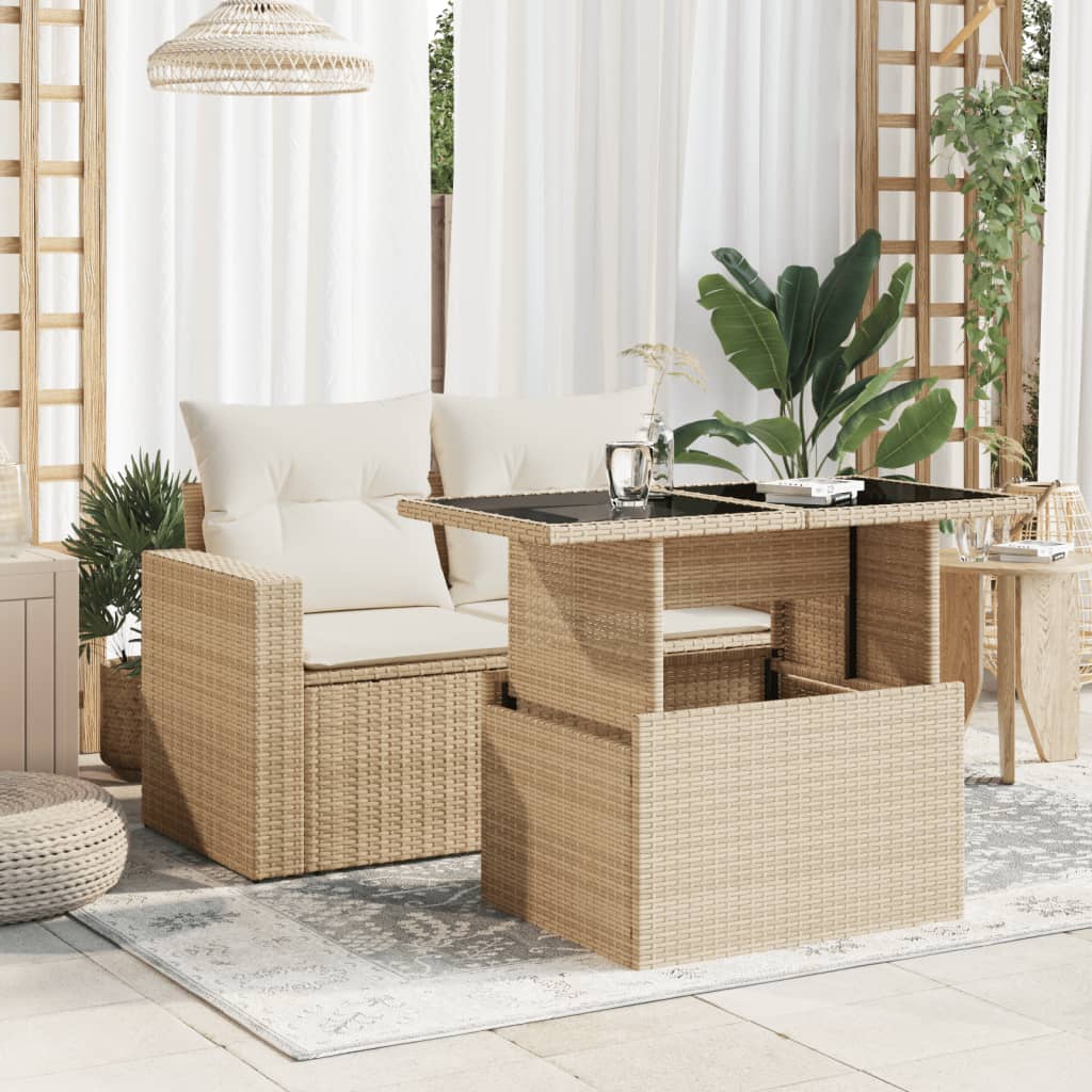 havebord med glastop 100x55x73 cm polyrattan beige