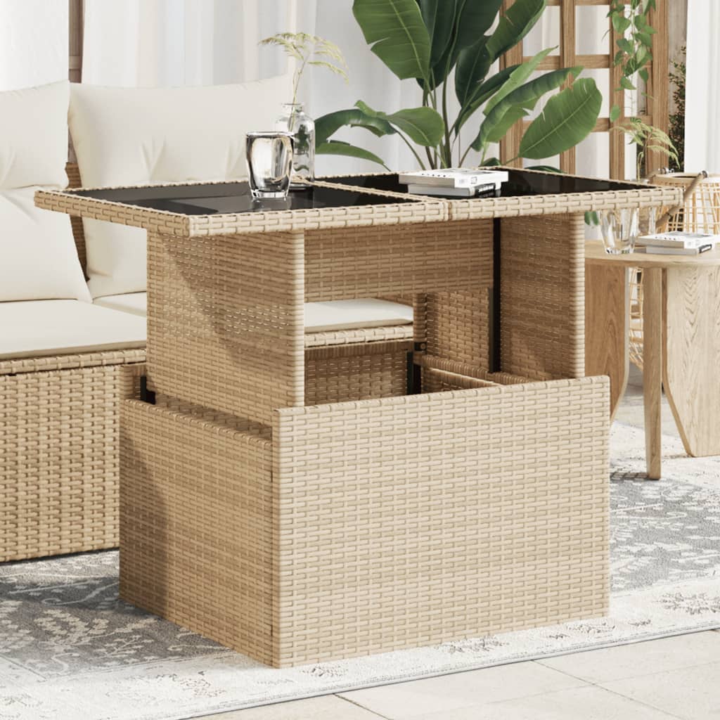 havebord med glastop 100x55x73 cm polyrattan beige