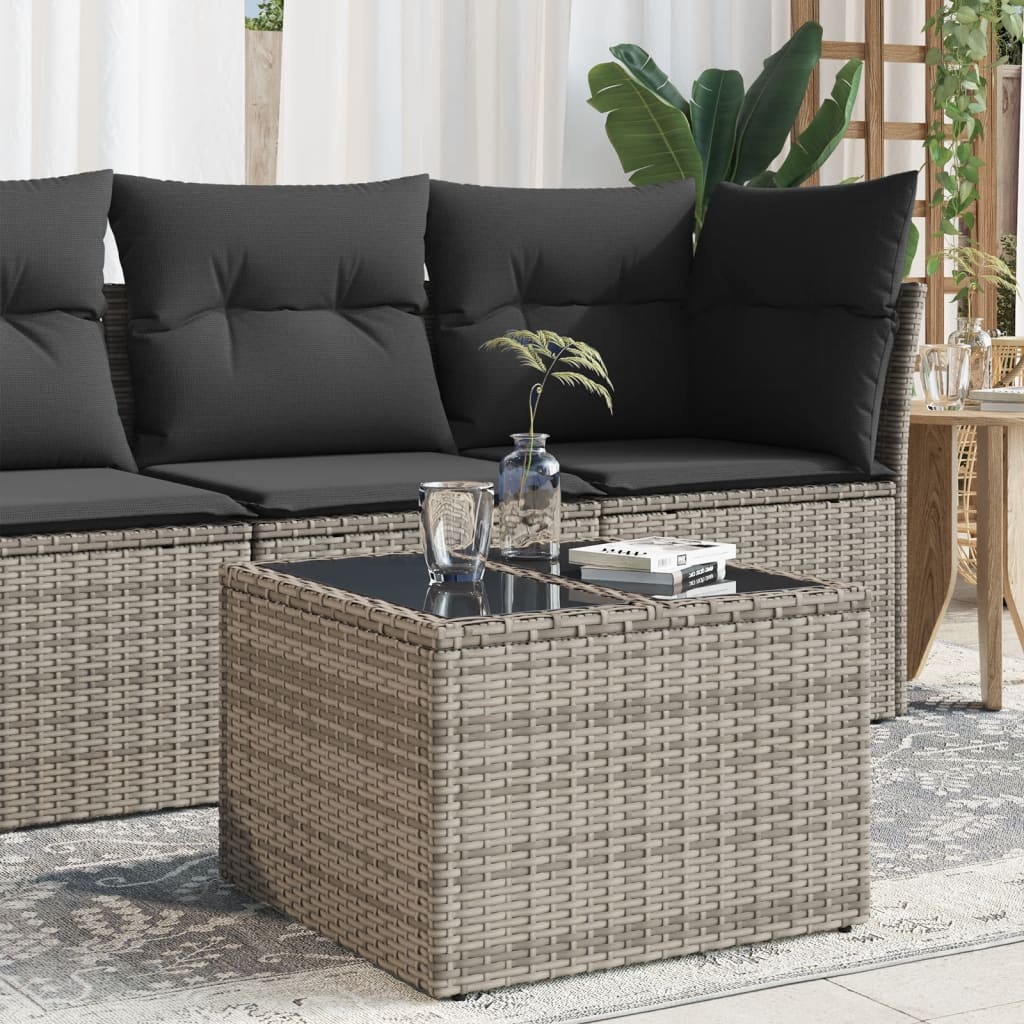 havebord med glastop 55x55x37 cm polyrattan grå