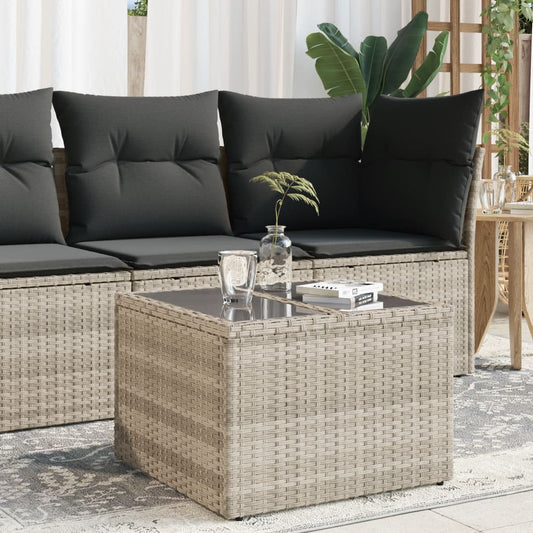 havebord med glastop 55x55x37 cm polyrattan lysegrå