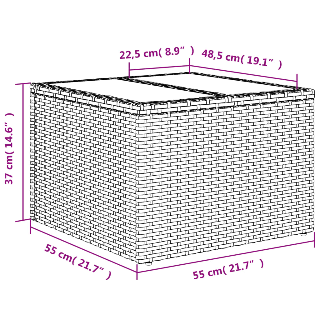 havebord med glastop 55x55x37 cm polyrattan brun