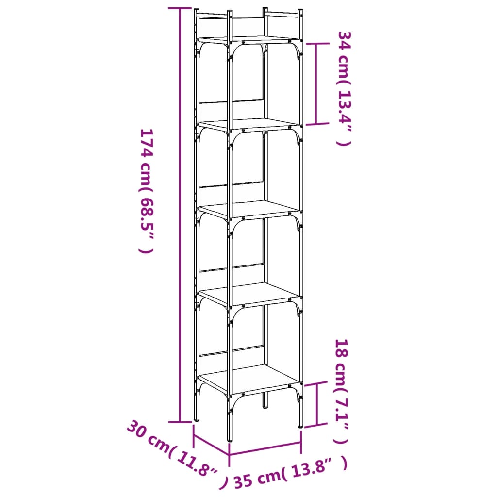 bogreol 35x30x174 cm 5 hylder konstrueret træ brunt egetræ