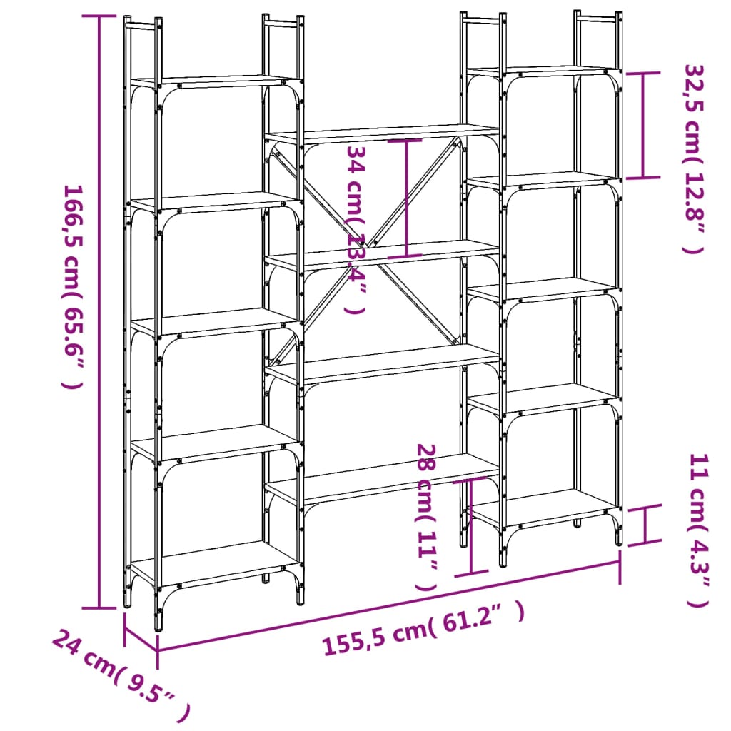 bogreol 155,5x24x166,5 cm konstrueret træ sort