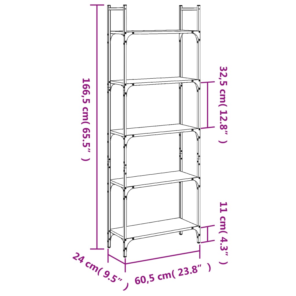 bogreol med 5 hylder 60,5x24x166,5 cm konstrueret træ sort