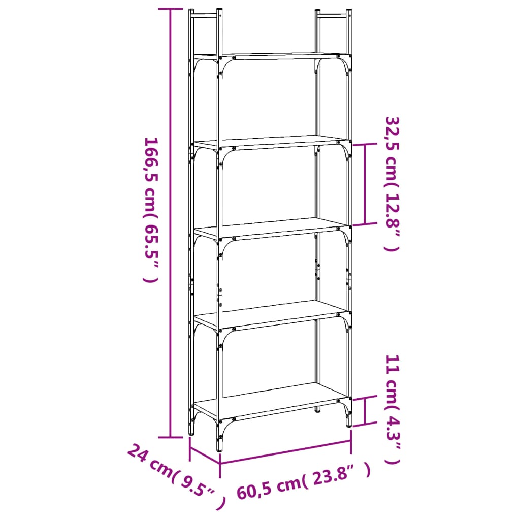 bogreol 60,5x24x166,5 cm 4 hylder konstrueret træ røget eg