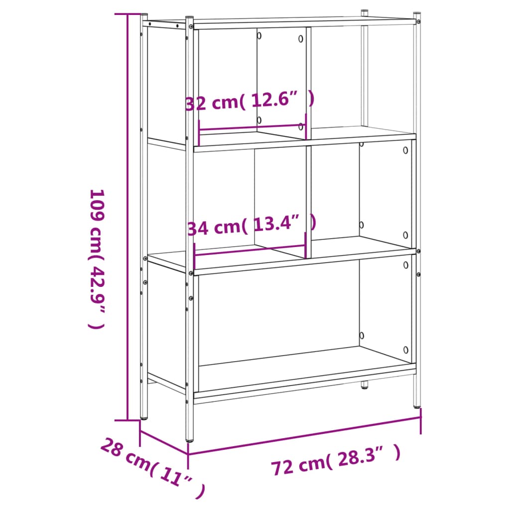 bogreol 72x28x109 cm konstrueret træ sort