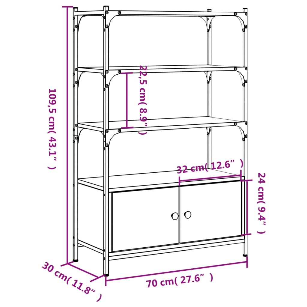 bogreol med 3 hylder 70x30x109,5 cm konstrueret træ sort