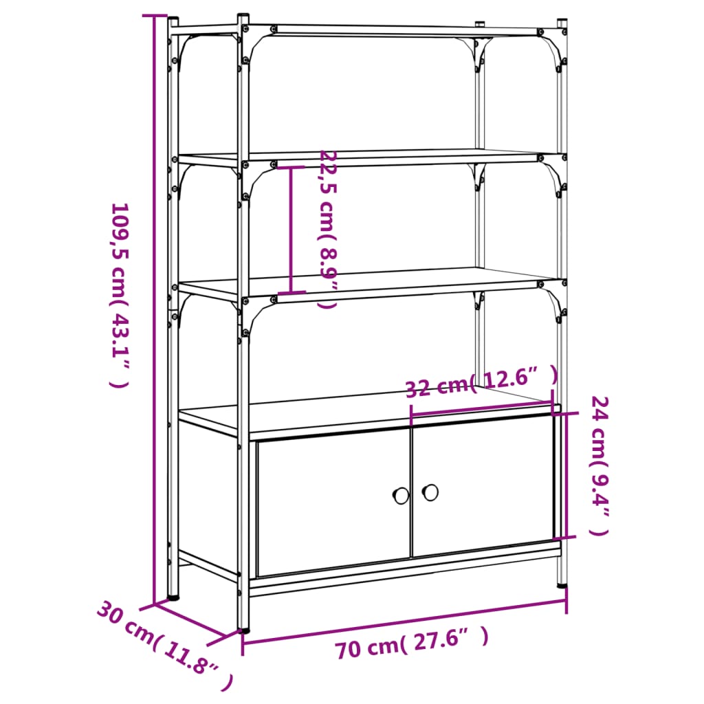 bogreol 3 hylder 70x30x109,5 cm konstrueret træ grå sonoma-eg