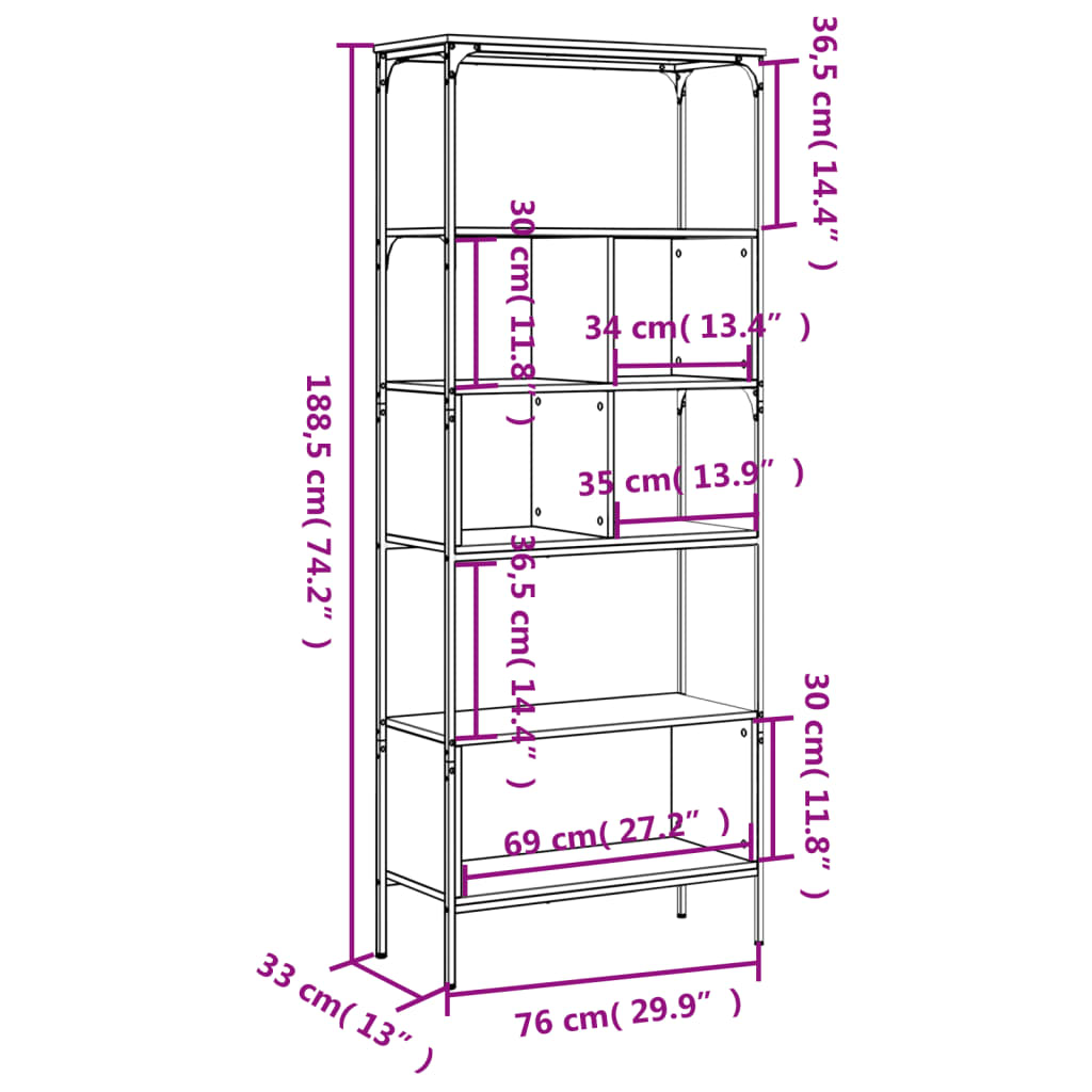 bogreol med 5 hylder 76x33x188,5 cm konstrueret træ sonoma-eg