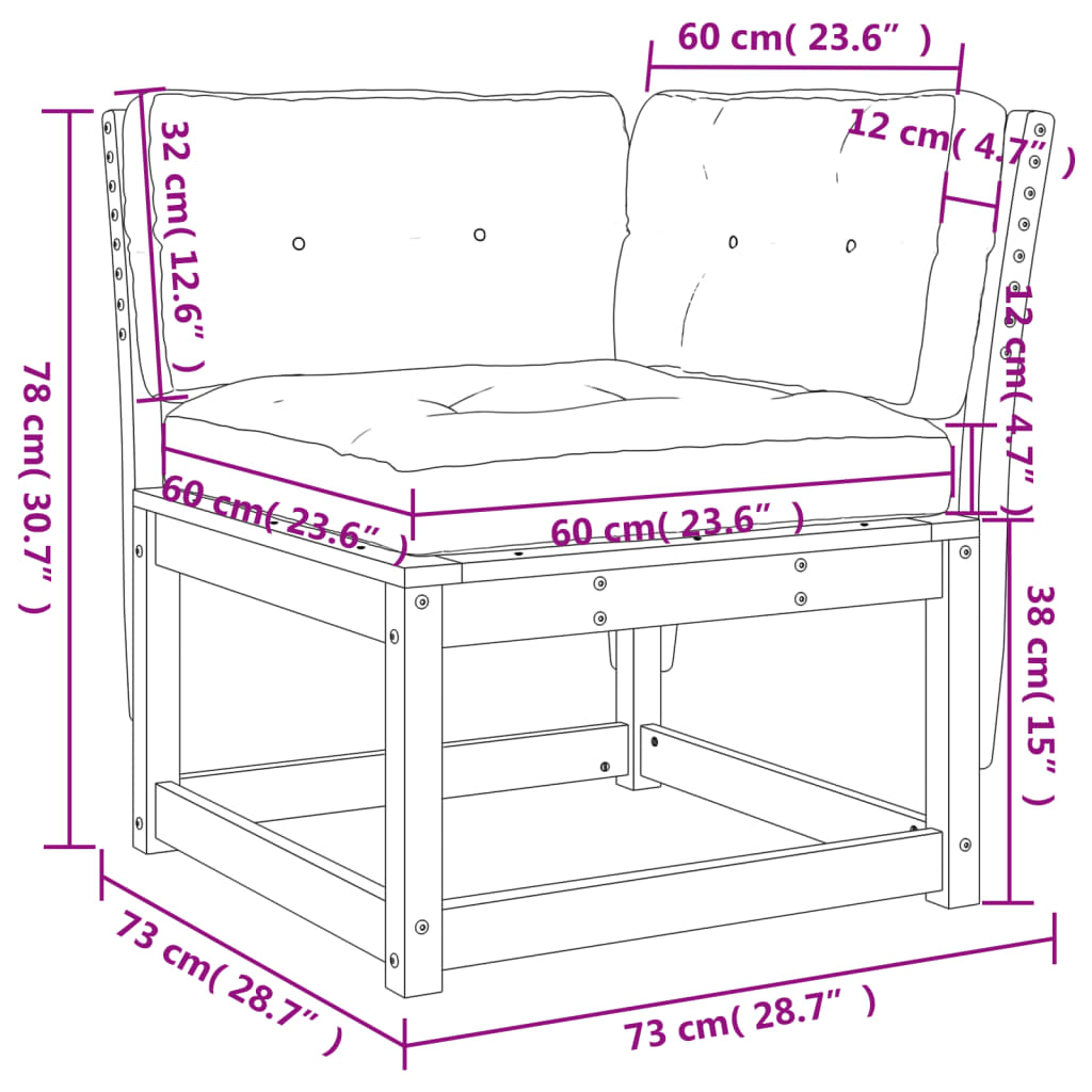 hjørnemodul til havesofa 73x73x78 cm m. hynder massivt fyr brun