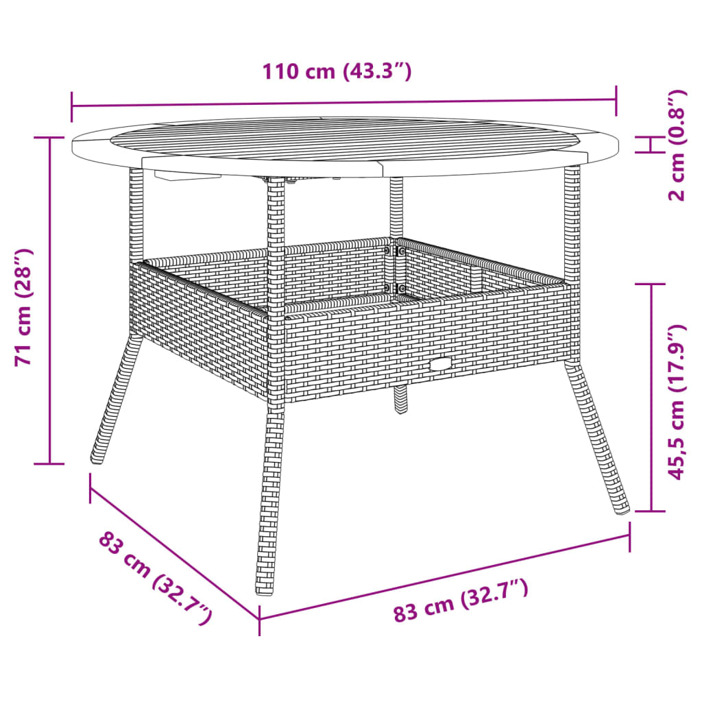 havebord med akacietop Ø110x71 cm polyrattan sort