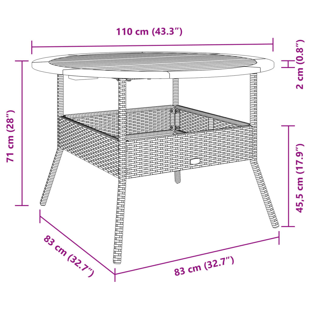 havebord med akacietop Ø110x71 cm polyrattan grå