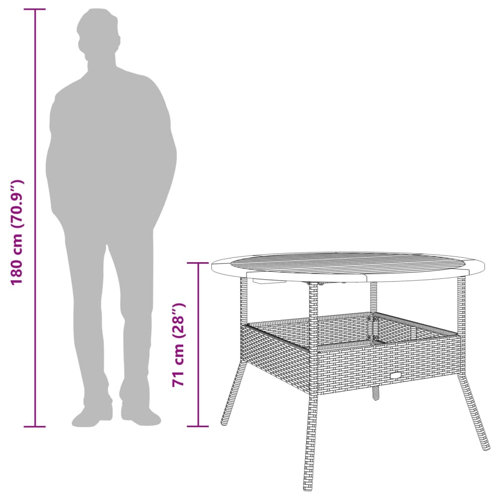 havebord med akacietop Ø110x71 cm polyrattan grå