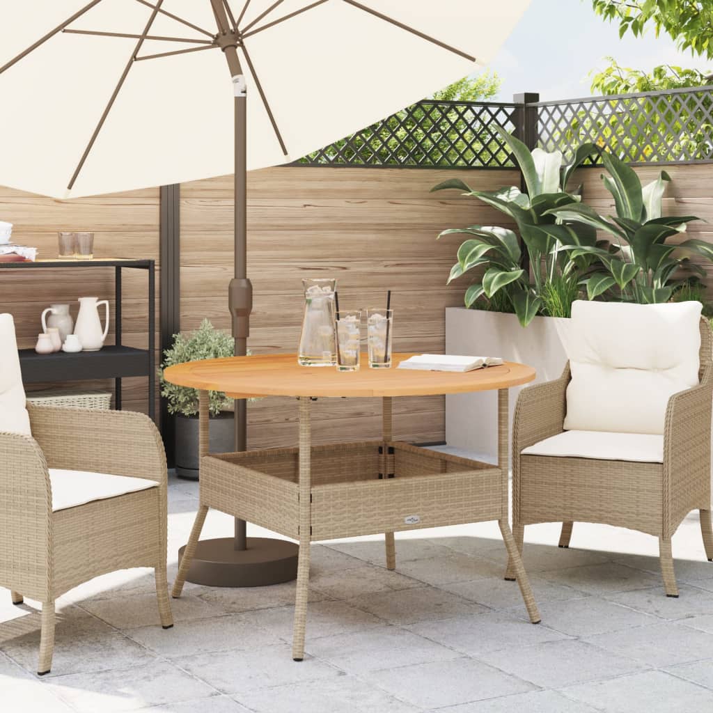 havebord med akacietop Ø110x71 cm polyrattan beige