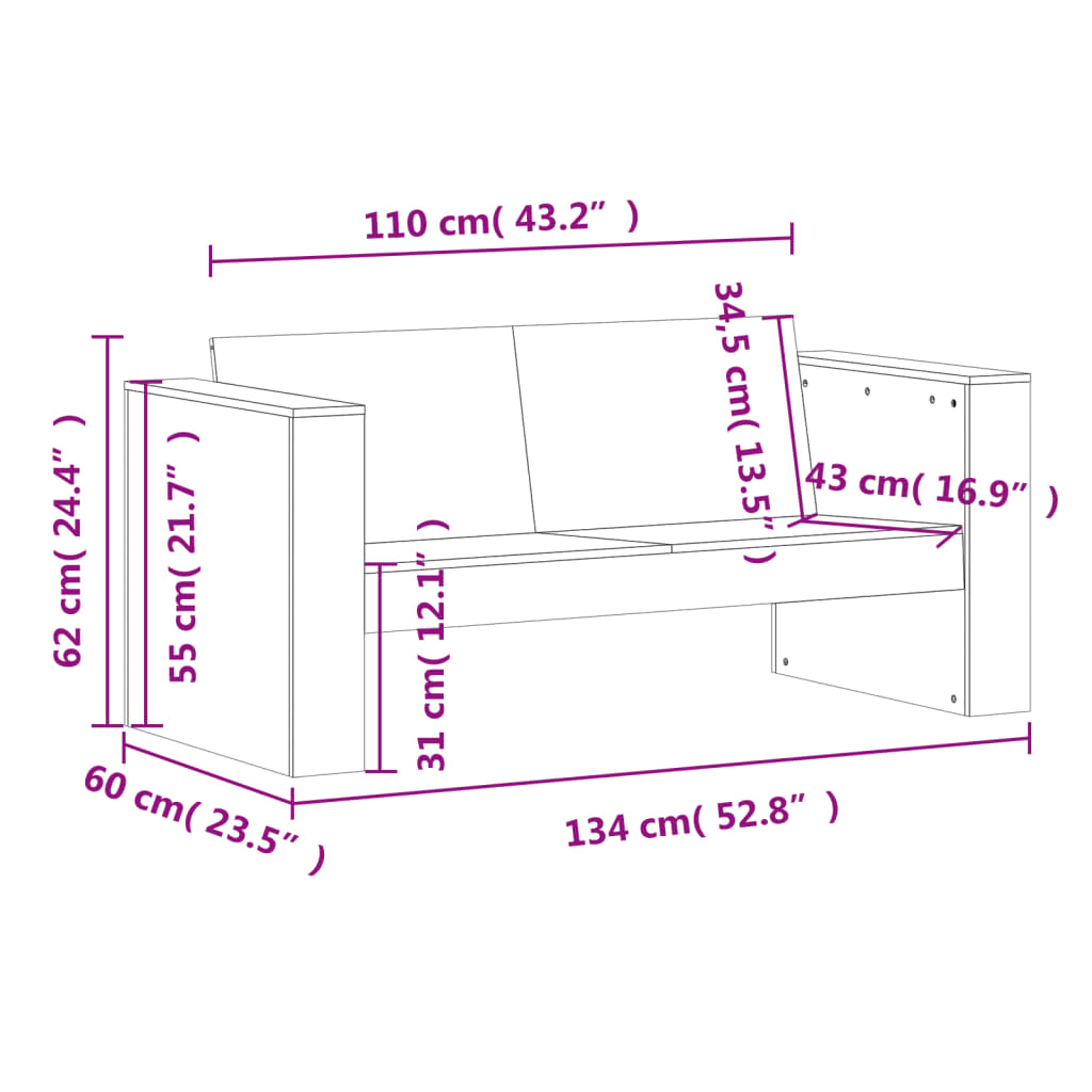 2-personers havesofa 134x60x62 cm massivt fyrretræ gyldenbrun