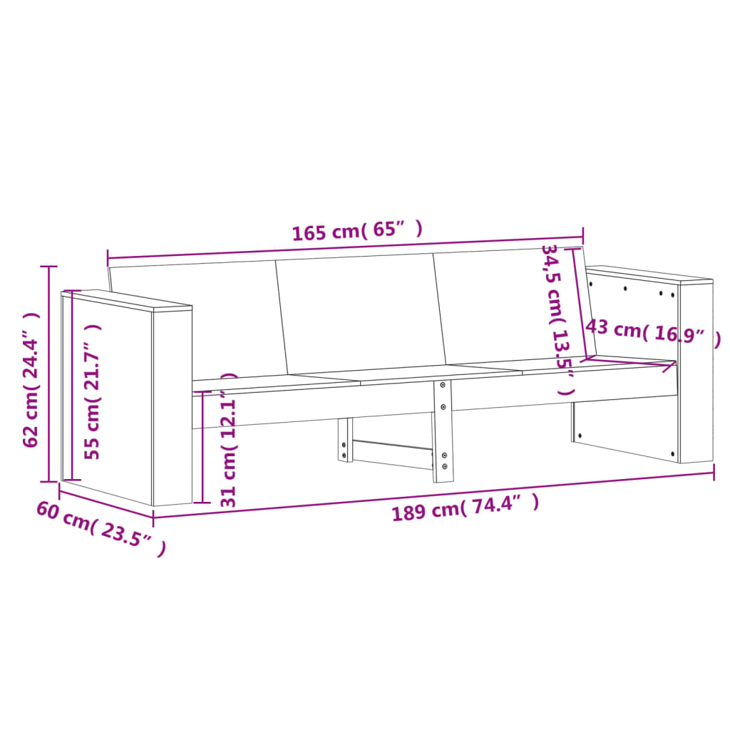 3-personers havesofa 189x60x62 cm massivt fyrretræ gyldenbrun