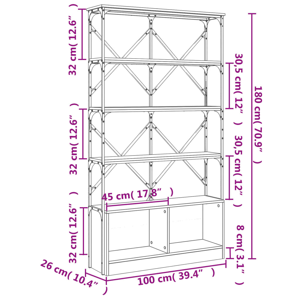 bogreol 100x26x180 cm konstrueret træ sonoma-eg