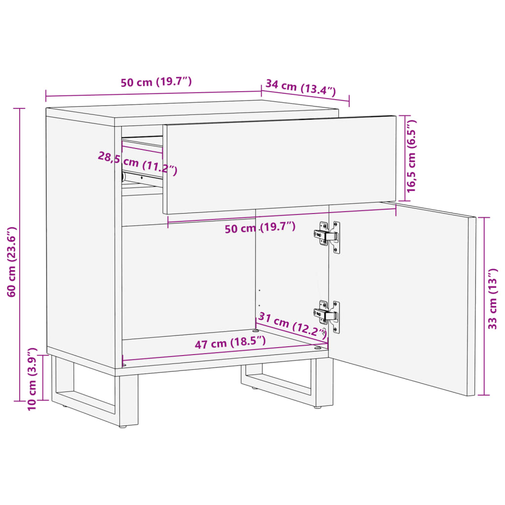 sengebord 50x34x60 cm massivt ru mangotræ