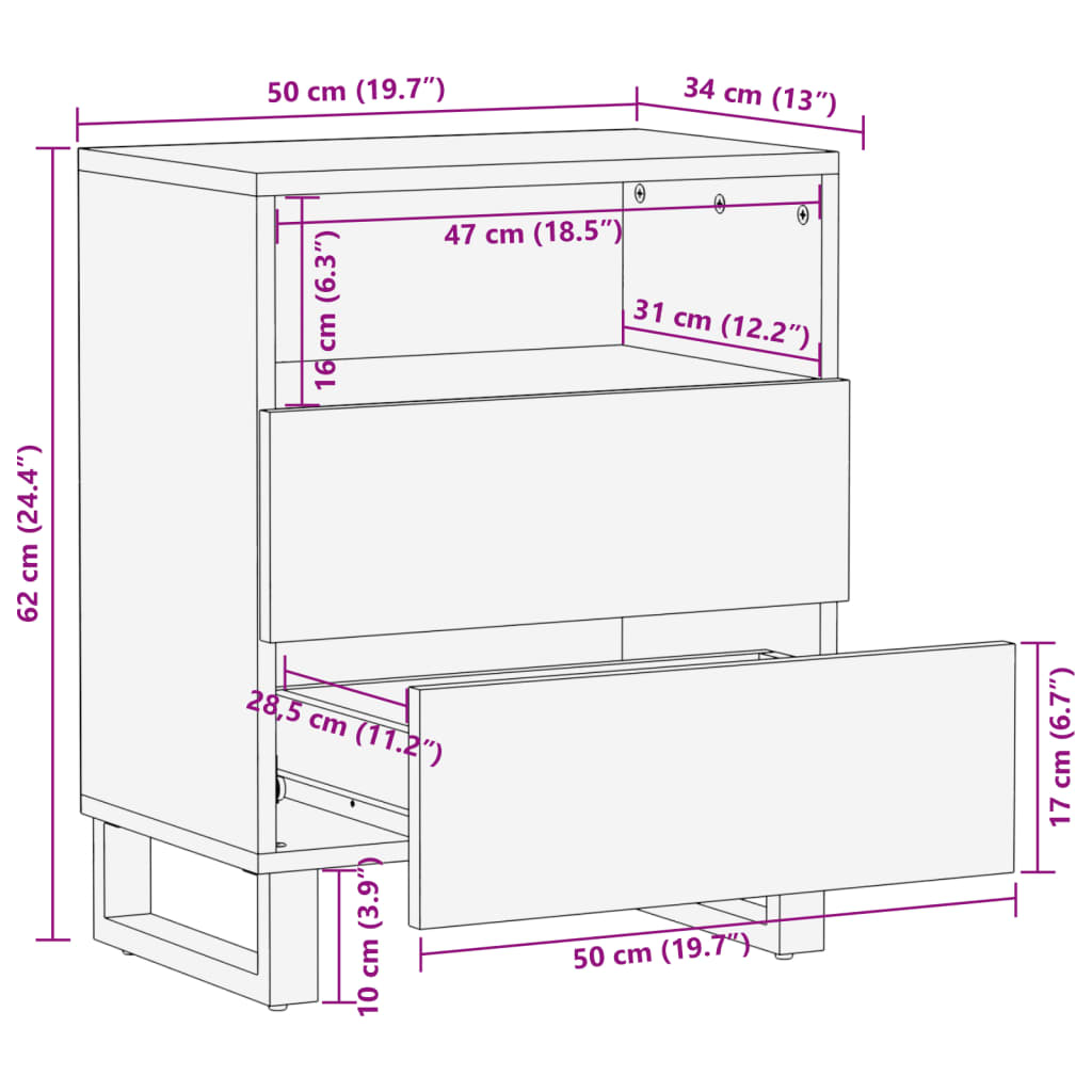 sengebord 50x34x62 cm massivt ru mangotræ