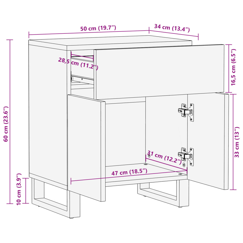 sengebord 50x34x60 cm massivt ru mangotræ