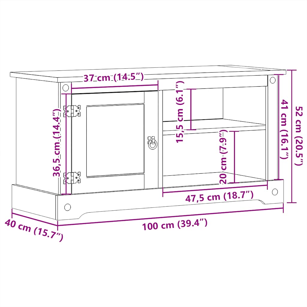 tv-bord Corona 100x40x52 cm massivt fyrretræ