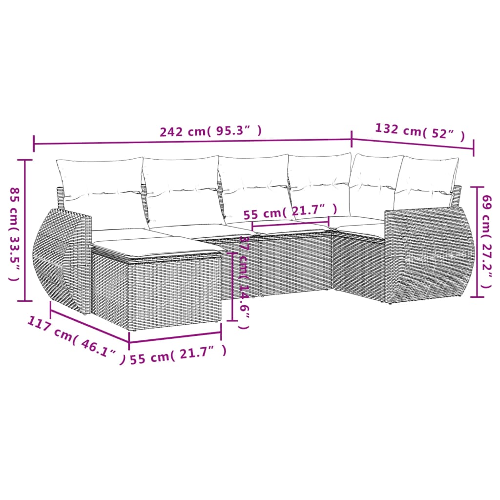 sofasæt til haven 6 dele med hynder polyrattan sort