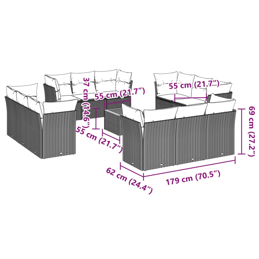 spisebordssæt til haven 13 dele med hynder polyrattan beige