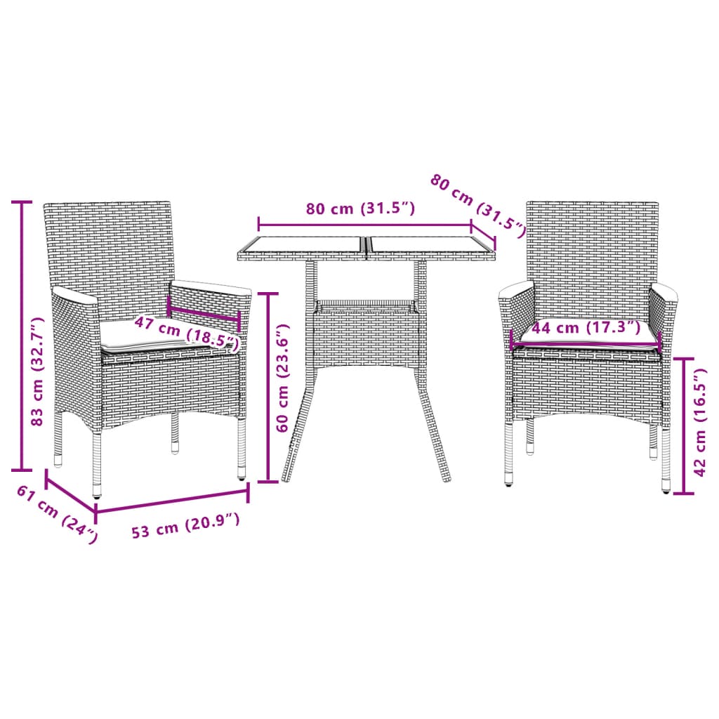 spisebordssæt til haven 3dele m. hynder polyrattan og glas sort