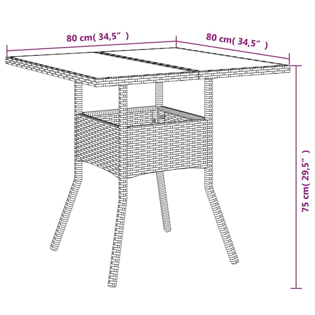 spisebordssæt til haven 3dele m. hynder polyrattan og glas sort