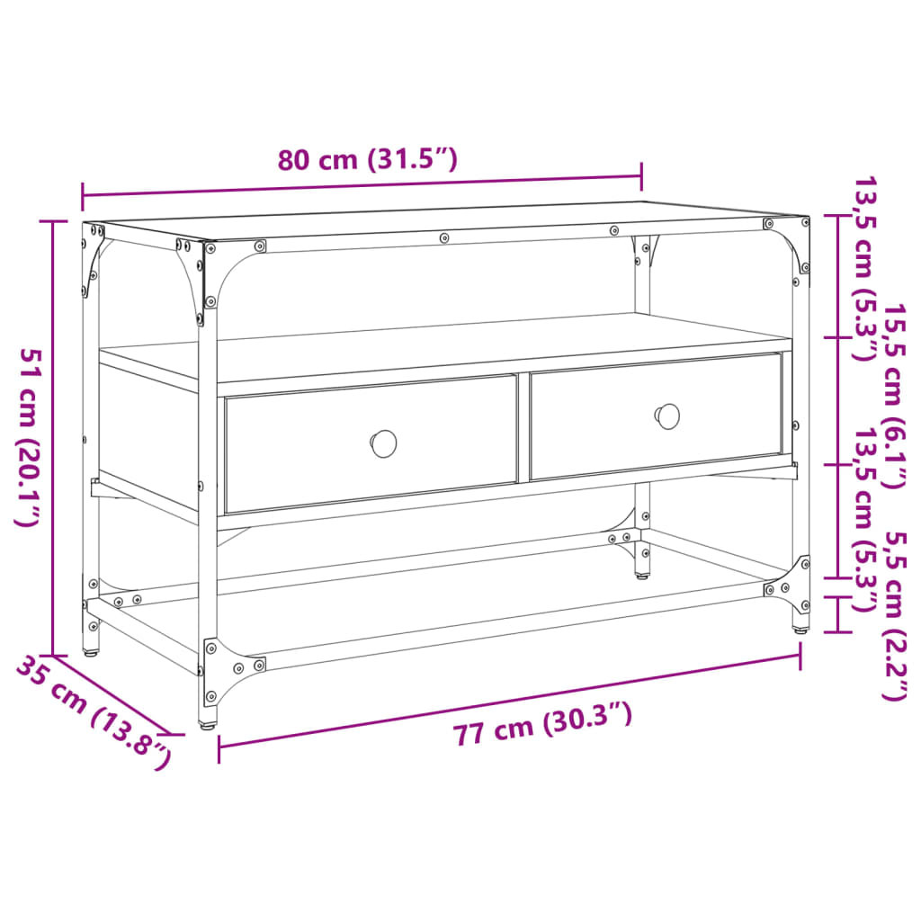 tv-bord med glasplade 80x35x51 cm konstrueret træ sonoma-eg