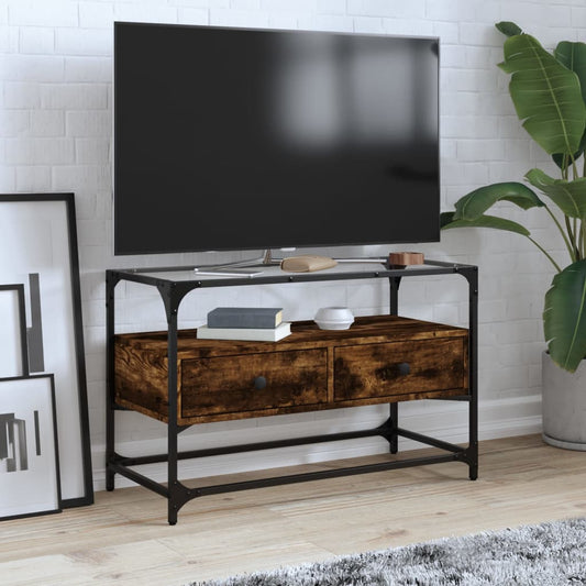 tv-bord med glasplade 80x35x51 cm konstrueret træ røget eg