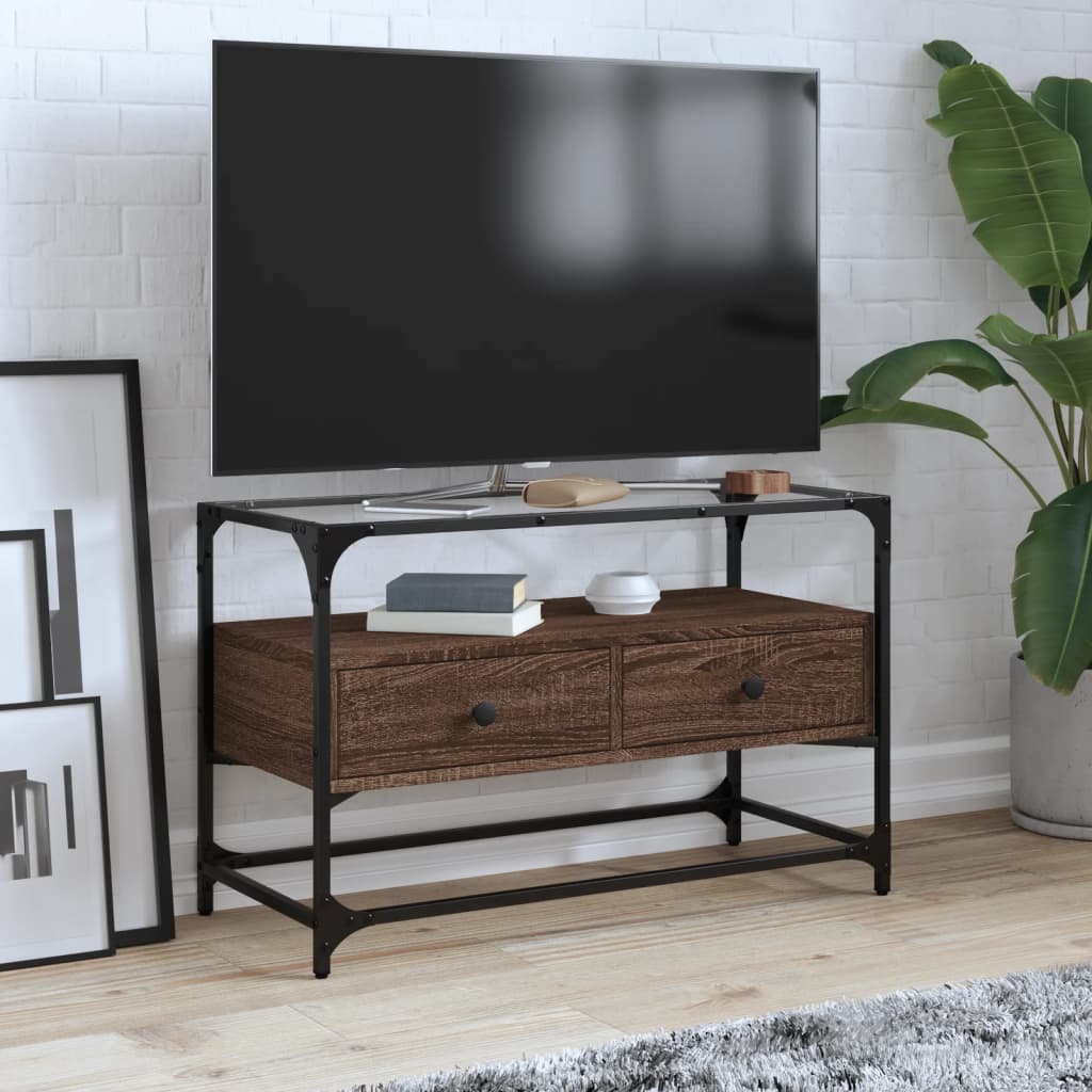 tv-bord med glasplade 80x35x51 cm konstrueret træ brun eg