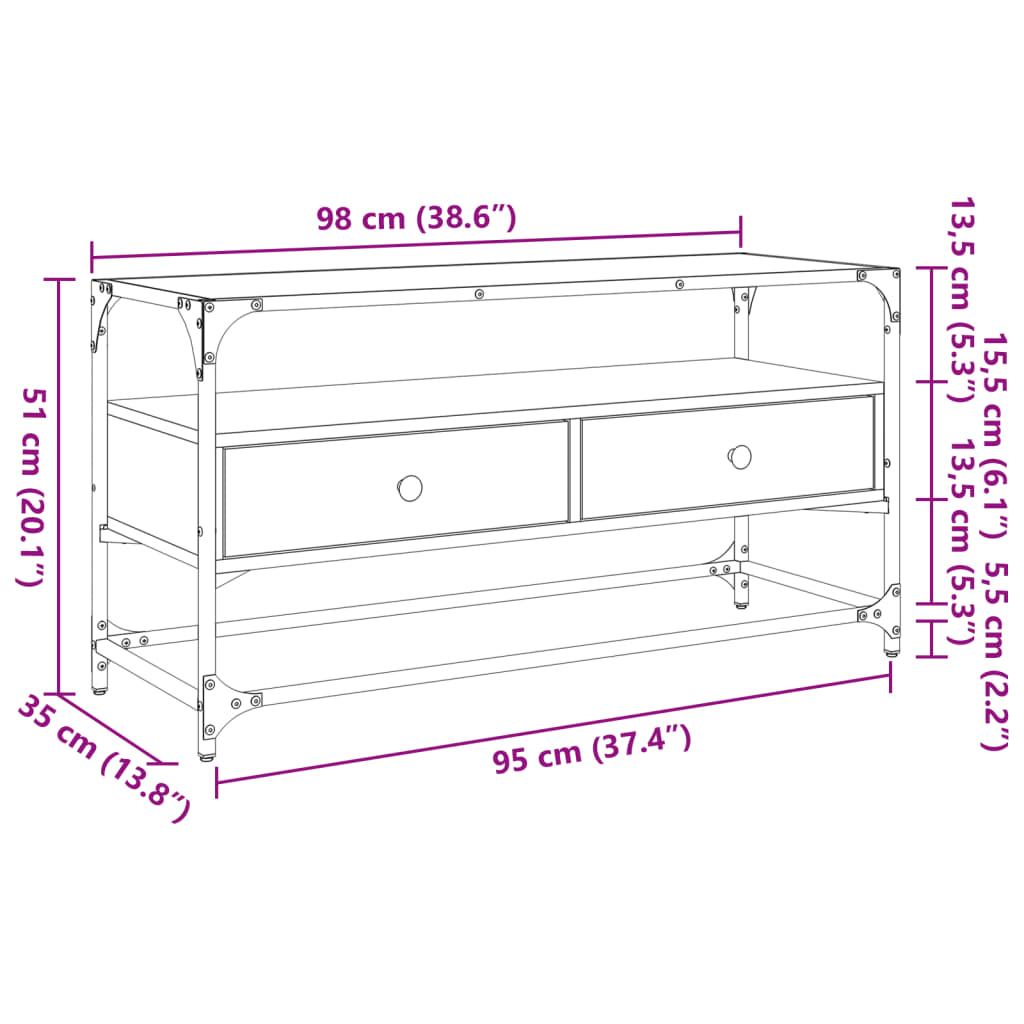 tv-bord med glastop 98x35x51 cm konstrueret træ sort