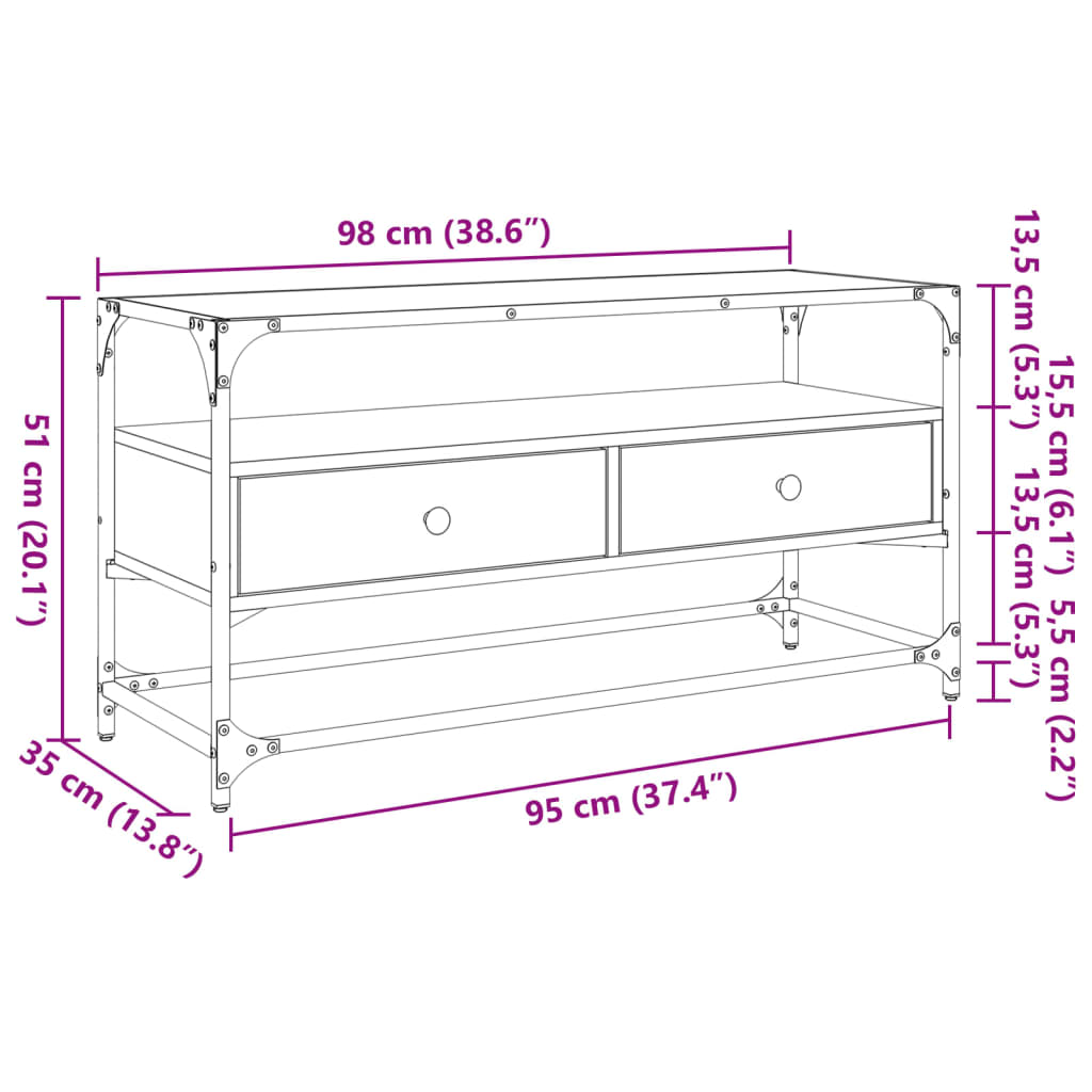 tv-bord med glastop 98x35x51 cm konstrueret træ røget eg