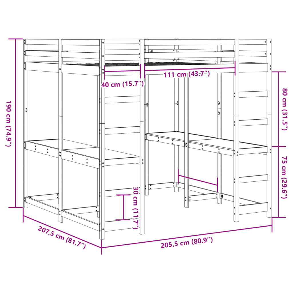 højseng med skrivebord 200x200 cm massivt fyrretræ hvid