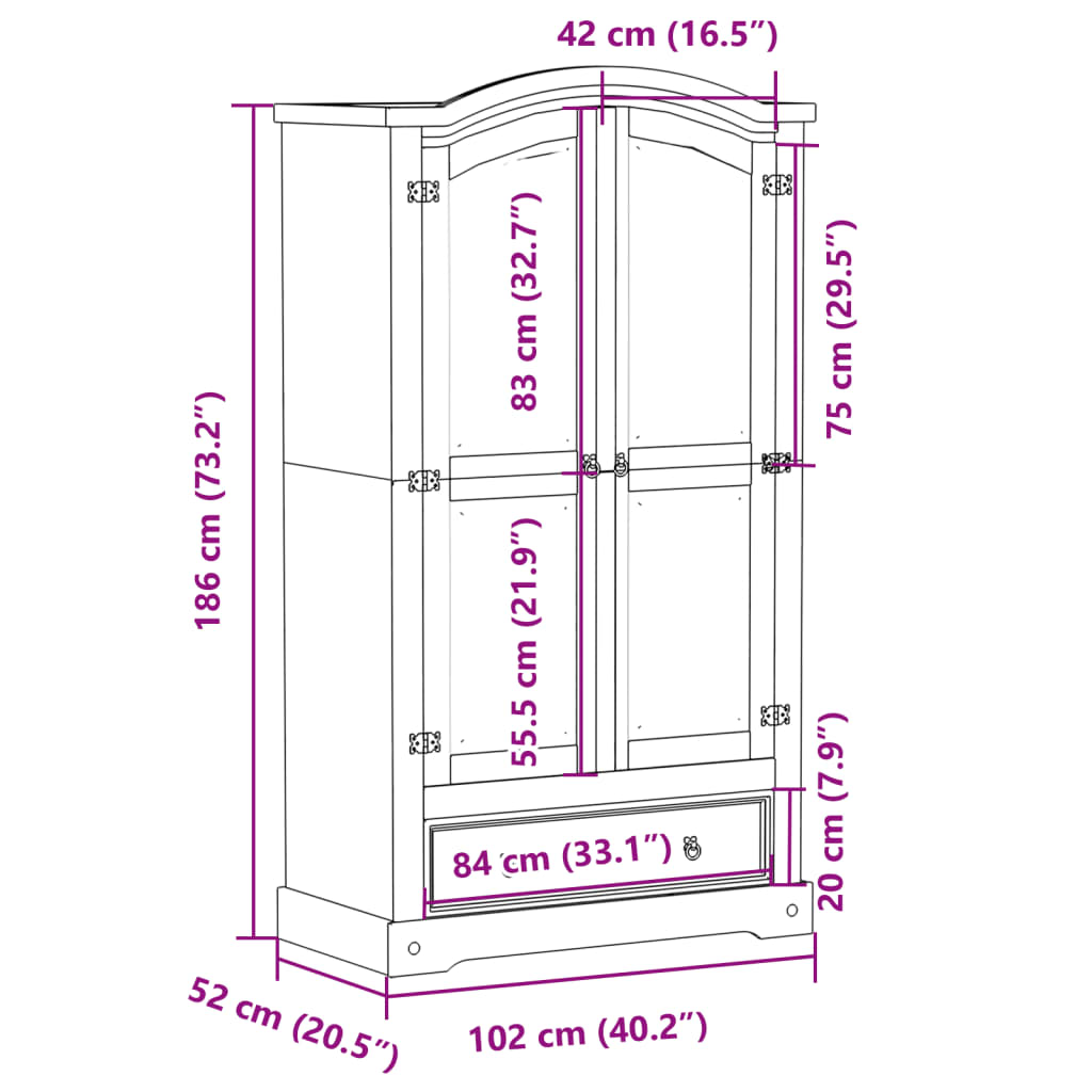 klædeskab Corona 102x52x186 cm massivt fyrretræ