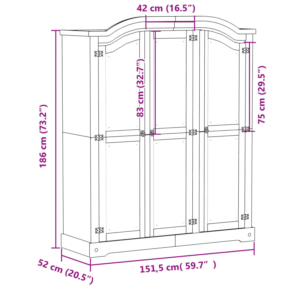 klædeskab Corona 151,5x52x186 cm massivt fyrretræ