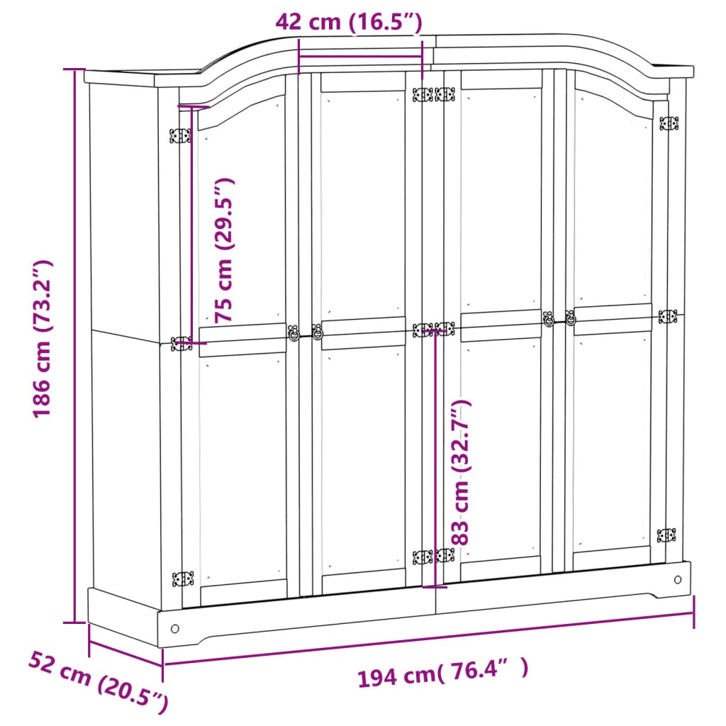 klædeskab Corona 194x52x186 cm massivt fyrretræ