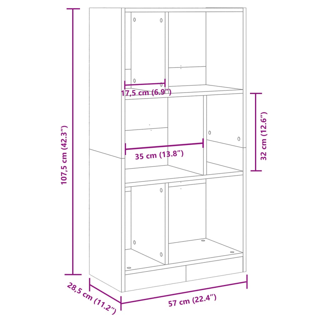 bogreol 57x28,5x107,5 cm konstrueret træ betongrå