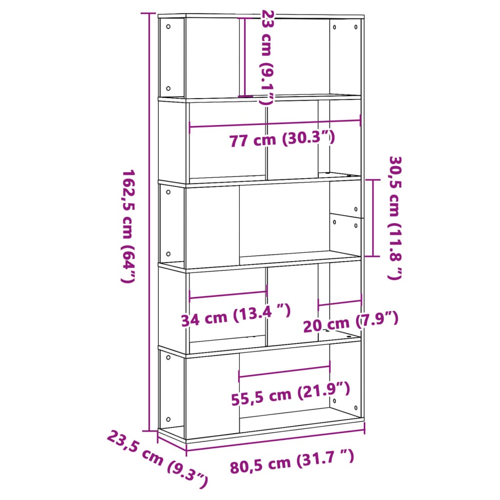 bogreol 80,5x23,5x162,5 cm 5 hylder konstrueret træ sort