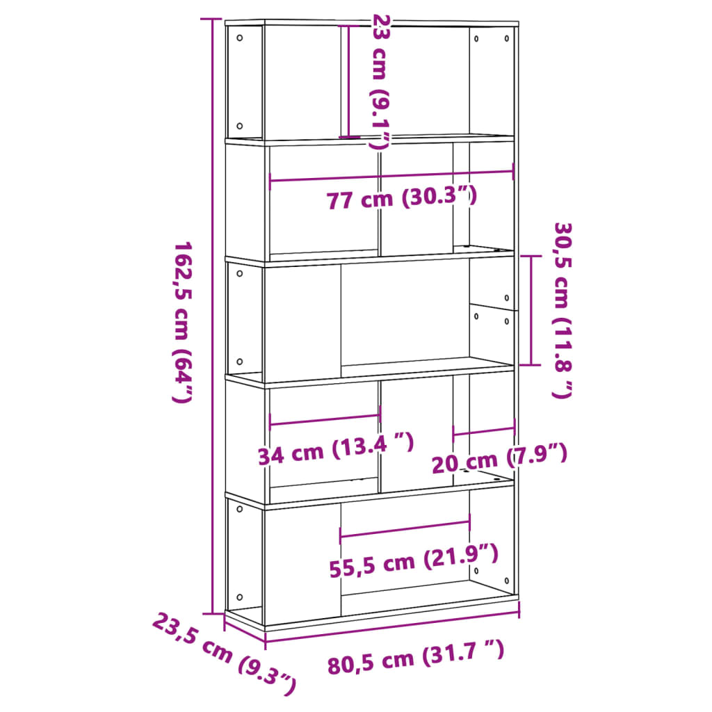 bogreol 80,5x23,5x162,5 cm 5 hylder konstrueret træ røget eg