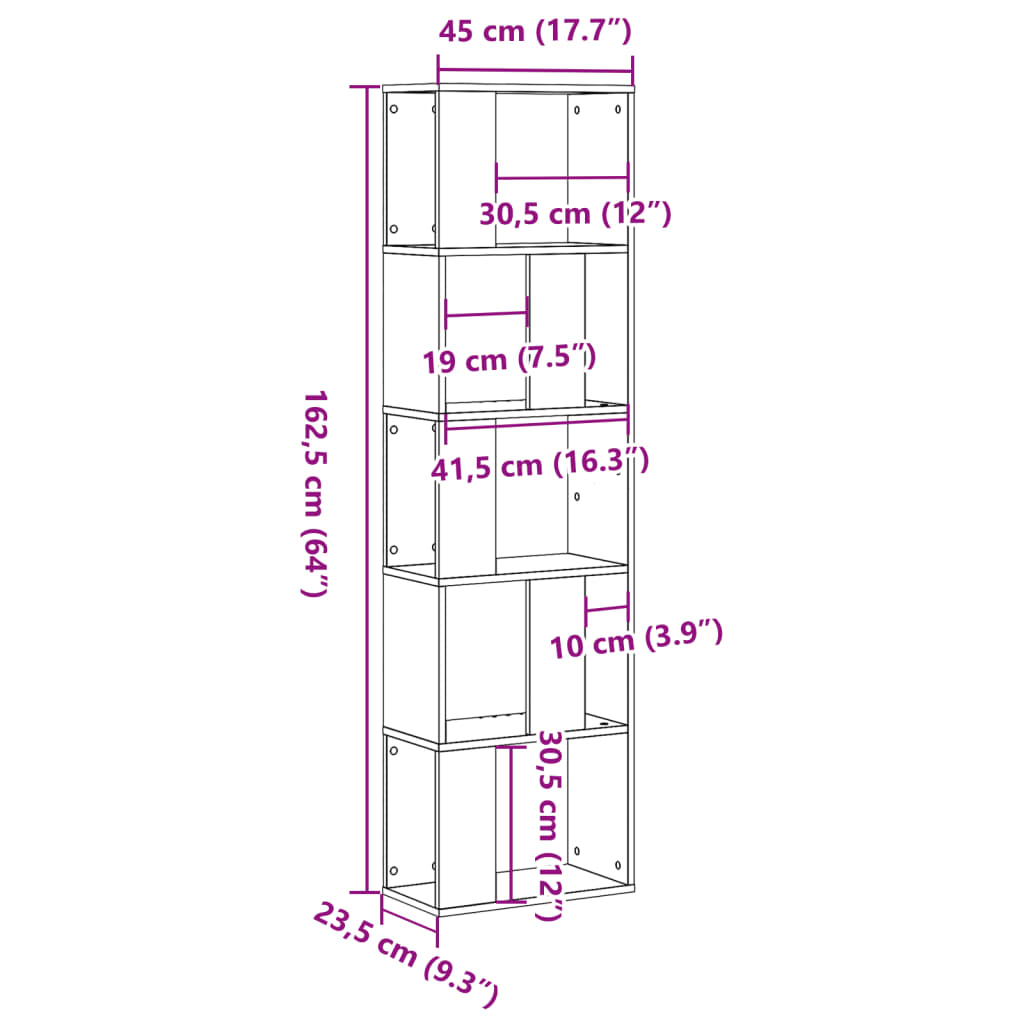 bogreol 45x23,5x162,5 cm 5 hylder konstrueret træ brunt eg